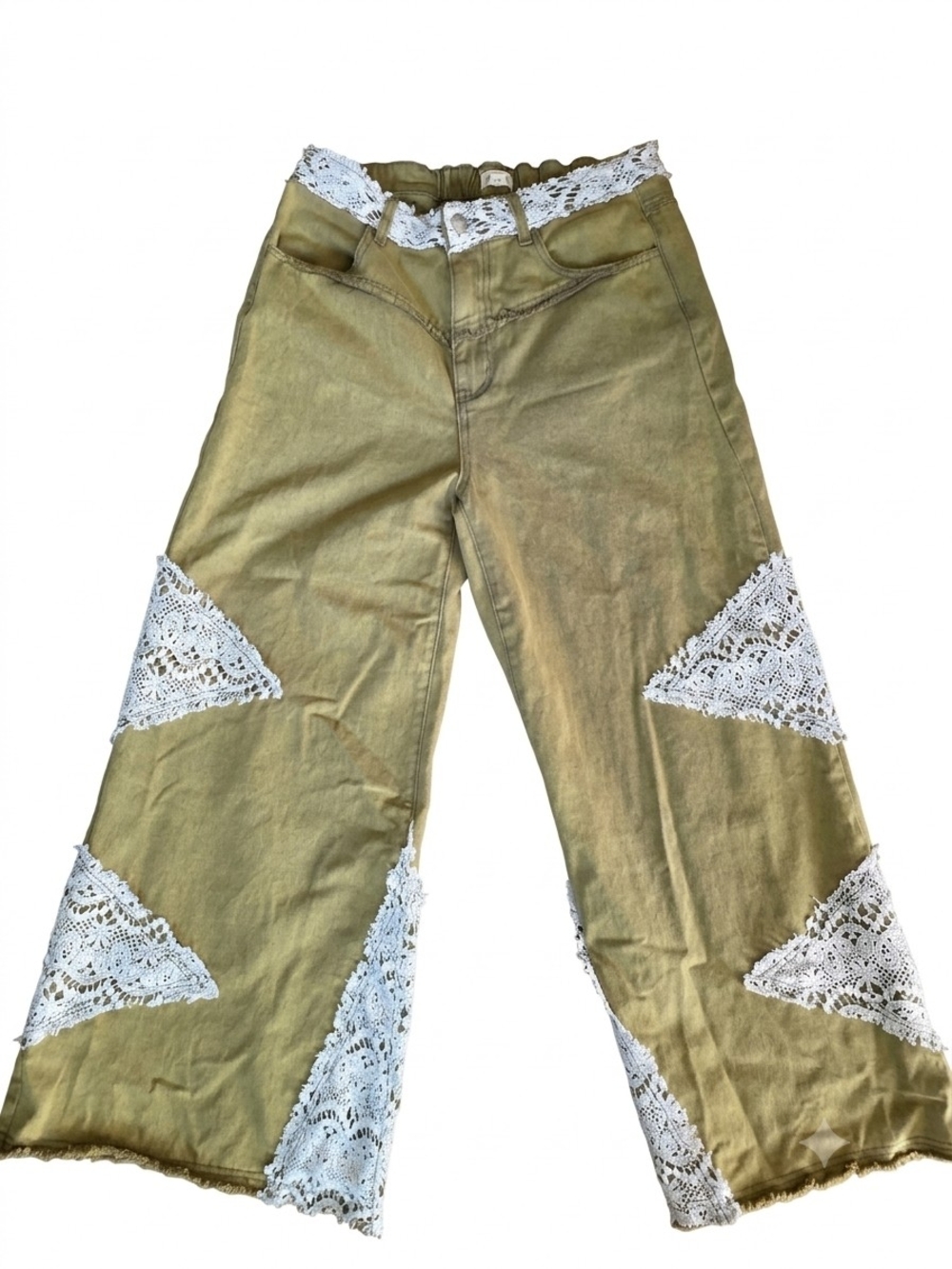 POL Wide Leg Flare Olive Denim Jeans With Lace Detail